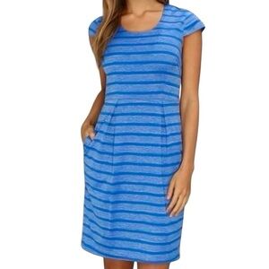 Andrew Marc Textured Cap Sleeve Striped Dress with Pockets in Blue Jay Size 6
